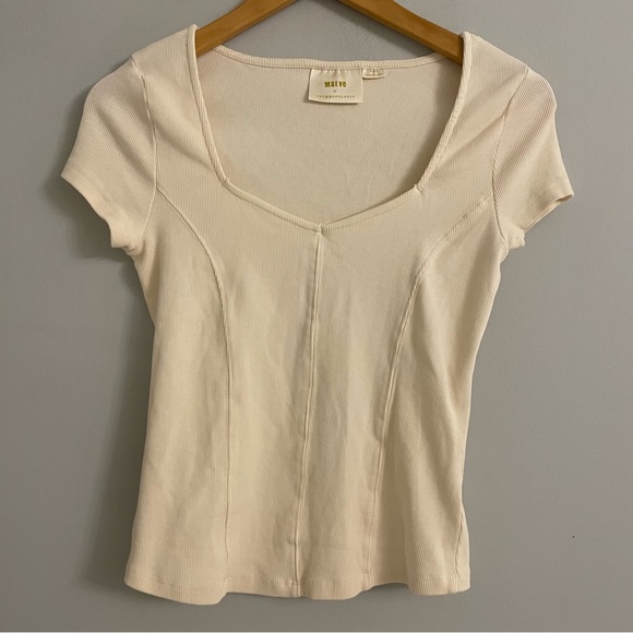 Maeve Anthropologie Ivory Cream Ribbed Sweetheart Top - Picture 3 of 7
